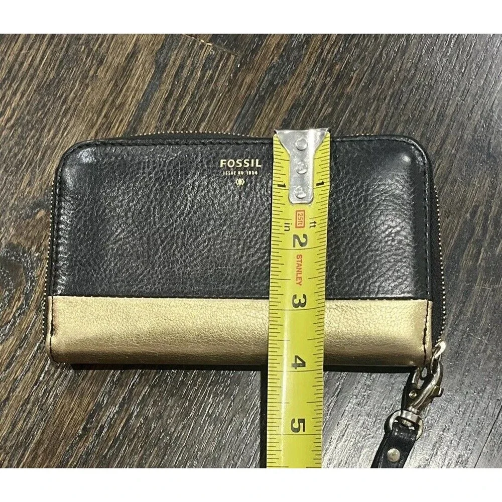 Fossil Sydney Wallet Wristlet Black Metallic Gold Leather Accordion‎ Clutch